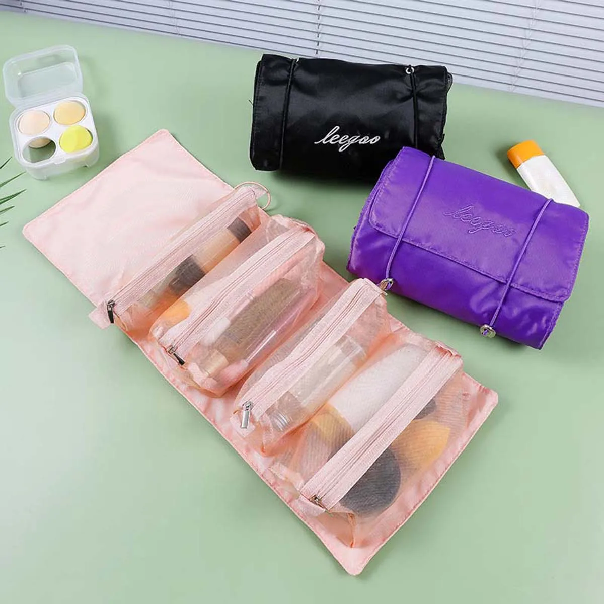 Portable Hanging Makeup Roll Bag Mesh Make Up Bag Toiletry Makeup Brushes Storage 4 in 1 Multifunctional Removable Makeup Bag,