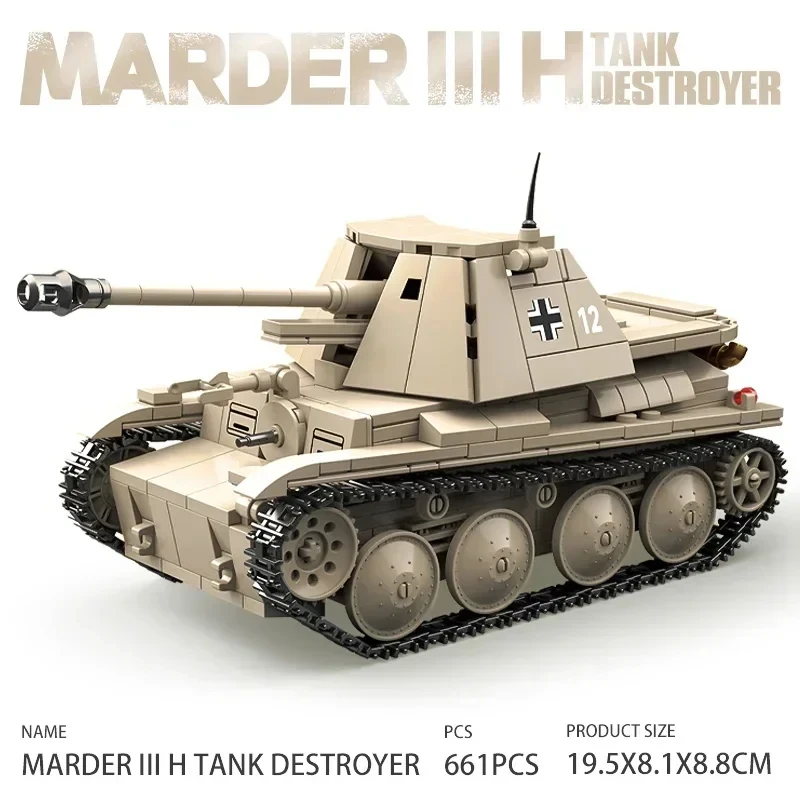 

2025 New WW2 German 100295 Military World War II Classic Model Marder III H Tank Destroyer Building Blocks Bricks Toys Kids Gift