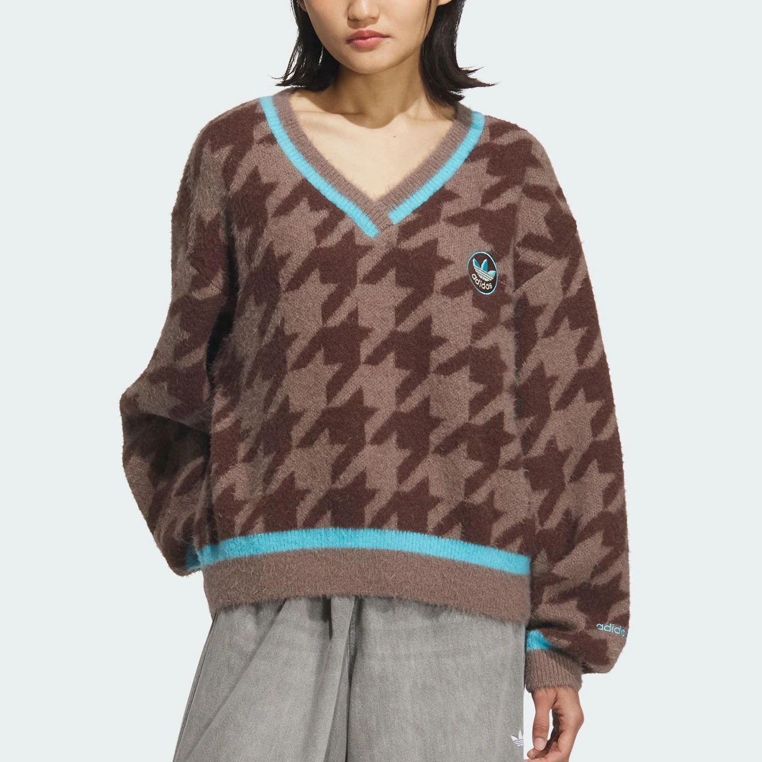 Adidas Originals Trefoil Womens V-neck Retro Knit Casual Hooded Sweater KC2688
