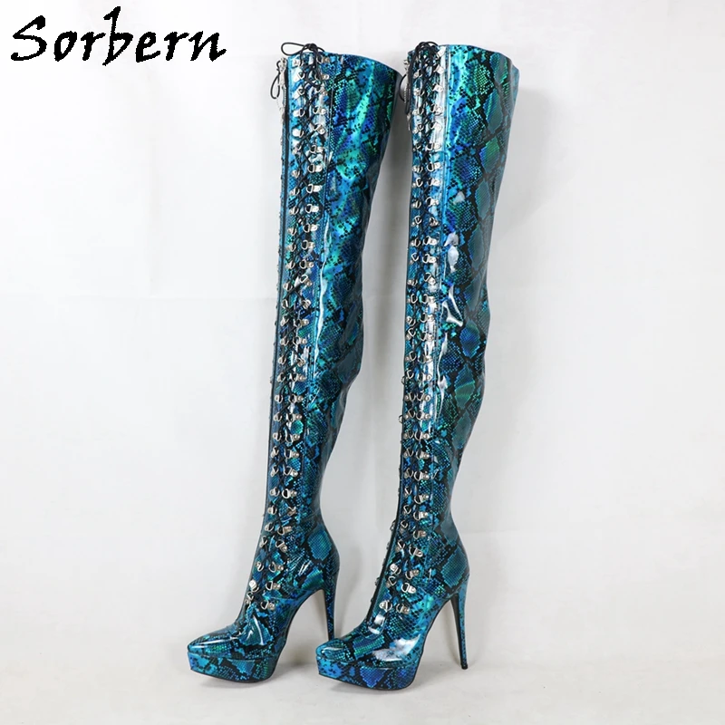 

Sorbern Sky Blue Python Women Boots Unisex High Heel Stilettos Platform Lace Up Custom Pointed Toe Drag Queen Shoes