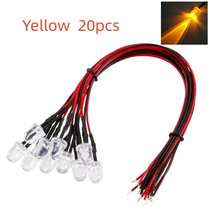 Kit de diodes LED 9V-12V 8mm, 20 pièces/50 pièces, blanc, rouge, vert, bleu, jaune, blanc chaud, indicateur électroluminescent diffusé précâblé