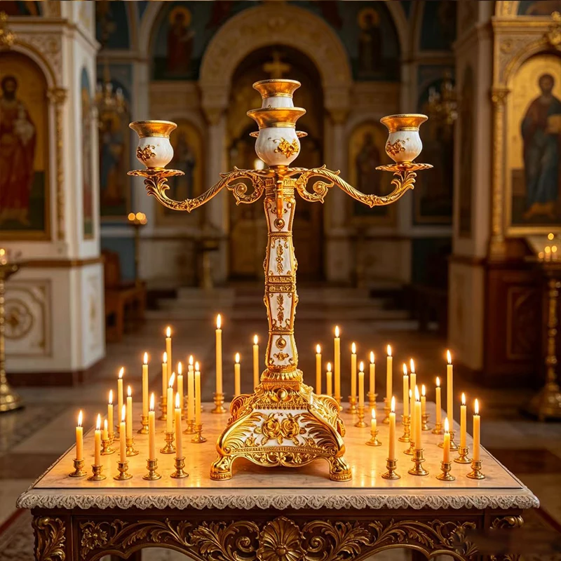 New Premium Gold Plated Liturgical Candelabra with White Enamel and Floral Accents for Church Altar Vigil and Home Prayer Use