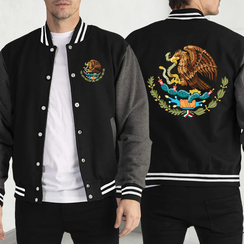 

Mexico A Divine Eagle Print Baseball Jersey Men Casual Streetpullover Autumn Fashion Y2K Menswear Fleece Pocket Clothes