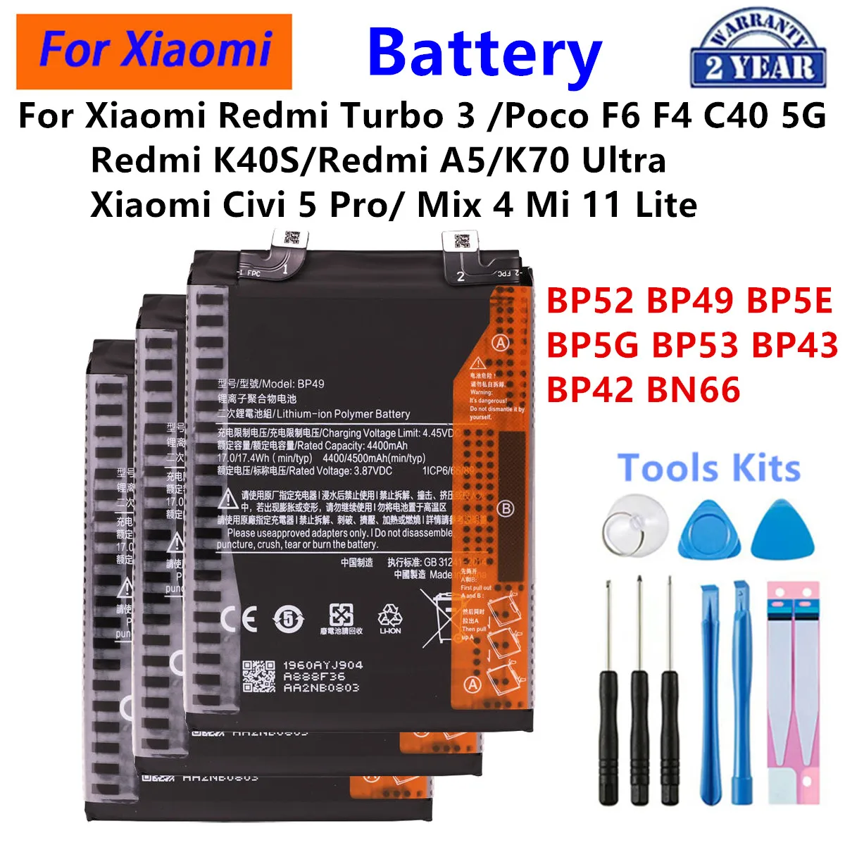 BP52 BP49 BP5E BP5G BP53 BP43 BP42 BN66 Battery For Xiaomi Turbo 3 Poco F6 F4 C40 Redmi K40S A5 K70 Ultra Civi 5 Pro Mix 4 Mi11