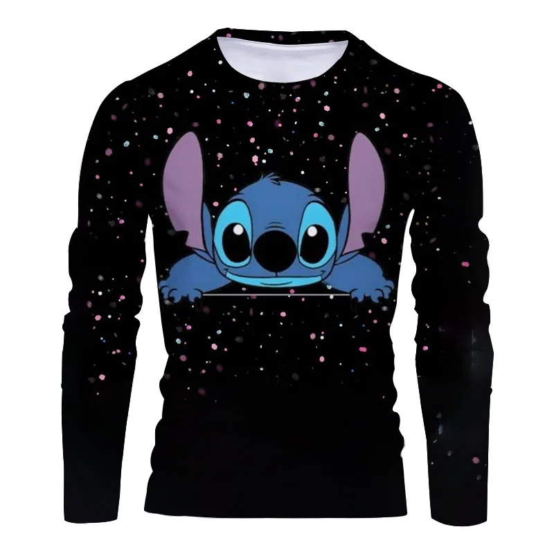 Fall New Harajuku Beach Party Disney Brand Stitch and Mickey Anime 3D Printed Casual Trend Men\'s Round Neck Long Sleeve T Shirt