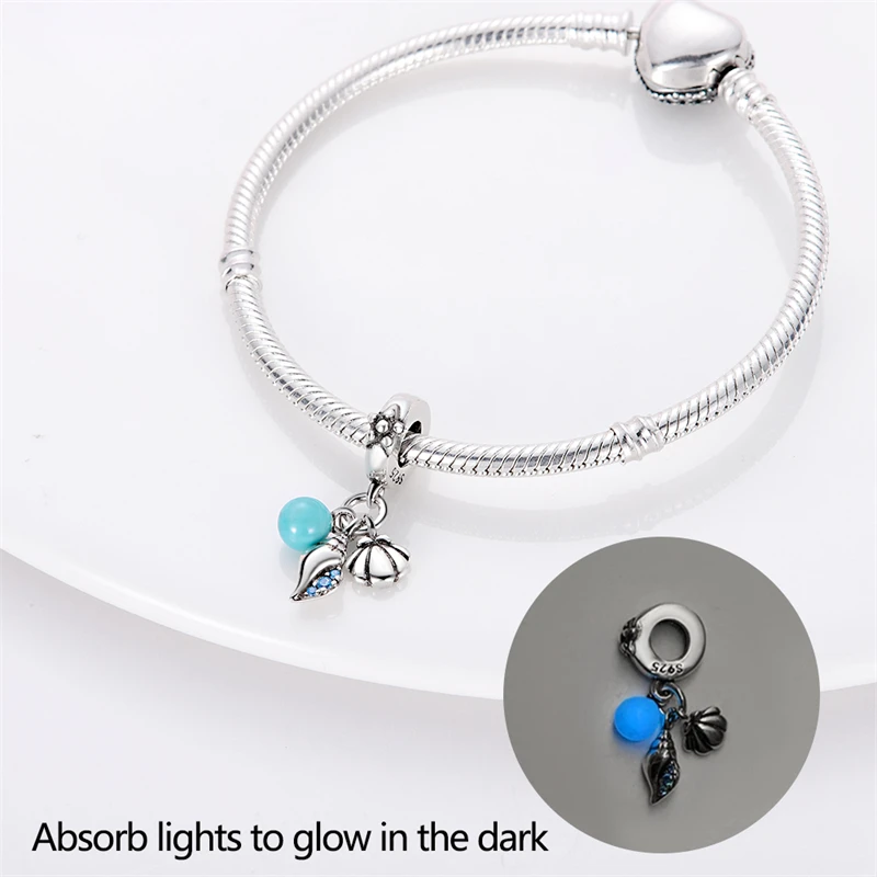 S925 Silver Jellyfish Dolphin Turtle Starfish Shell Luminous Ocean Series Charms Beads Fit 3mm Original Bracelets DIY Jewelry