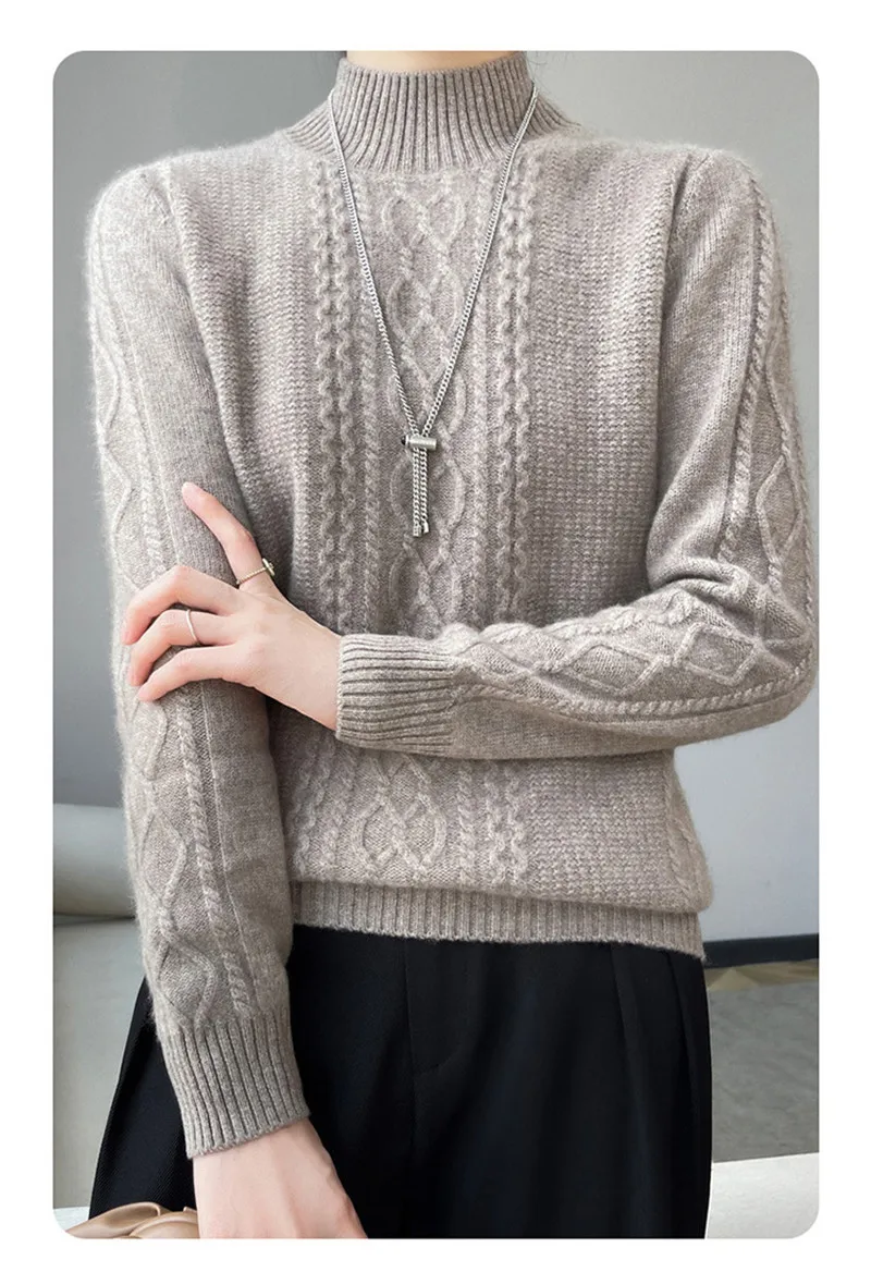 Neue Frühjahr Gestrickte Pullover Halb Hohen Kragen Lose Dicke Warme Pullover Für Frauen Vintage Wolle Herbst Winter Mutter Bodenbildung Top – Detail 5