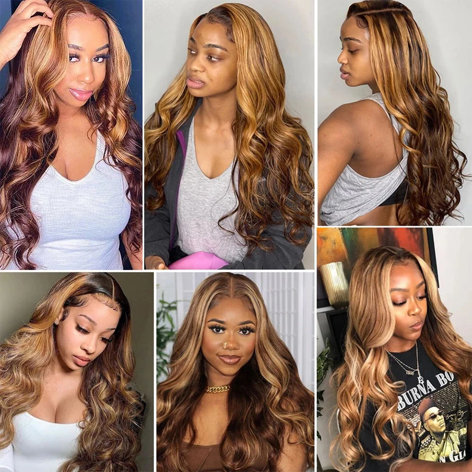 Highlight 27 Couleur Perruque Cheveux Humains Body Wave 4x4 Fermeture en Dentelle Perruque Couleur 4 27 Brésilien Coloré Dentelle Partie Milieu Perruques P4 30 Couleur Pour Femmes