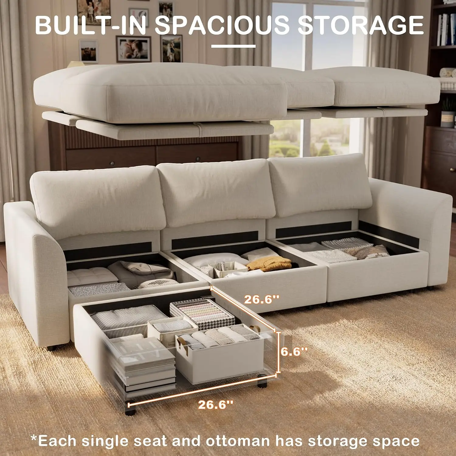100 Inch Cloud Modular Sectional Sofa with Storage Ottoman, Chenille Couch with Curved Arm, Oversized Comfy Cloud Sofa Couch