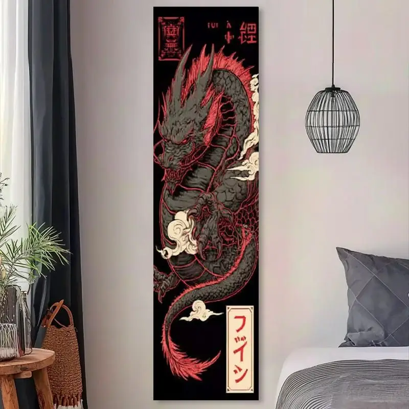 VIKAMA Japanese Red Dragon Wall Runner Long Tapestry Black Ukiyo-e Vertical Banner for Bedroom Living Room Man Cave Decor