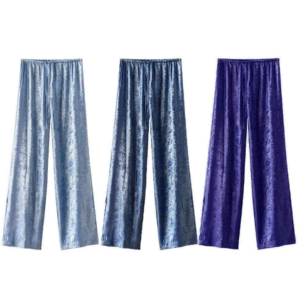 

PRINTKAOIR Shiny Metallic Women Wide Leg Pants Casual Summer Drawstring High Waist Full Length Loose Pant Female Trousers Y2K