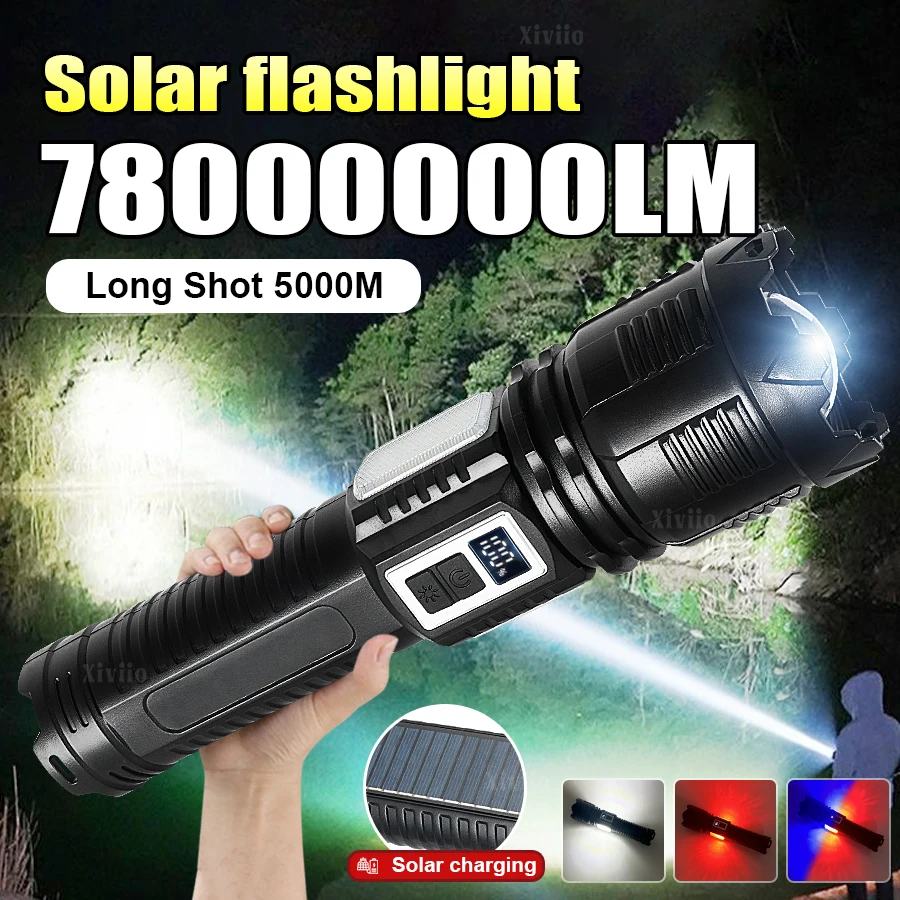 NEW Upgraded Solar+Type-C Charging Flashlight Most Powerful LED Torch Light Strong Light 5000M ABS Portable Lamp Outdoor Lantern