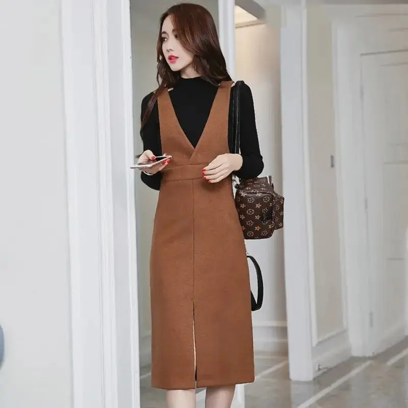 

Woolen Shoulder Strap Skirt for Women Autumn and Winter New Item Slimming Korean Version Mid Length Dress Waist Cinching Skirt