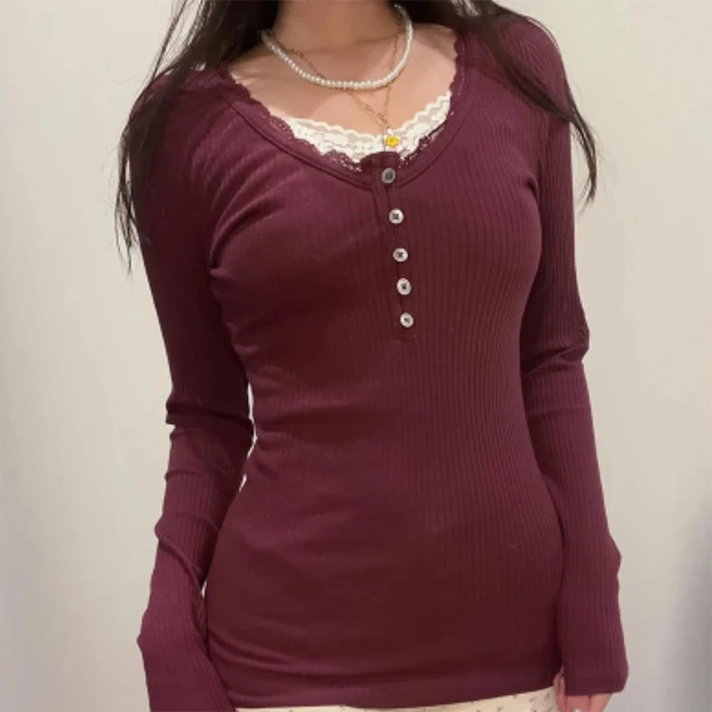 Cottage renda guarnição botão acima camiseta feminina manga longa pullovers camisetas outono casual lounge colheita topos preppy y2k roupas estéticas