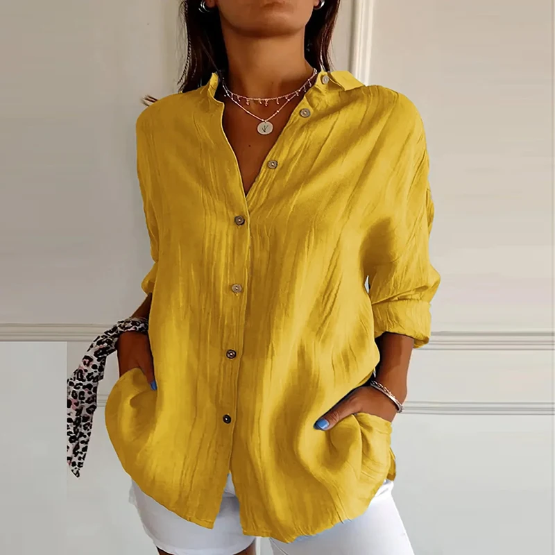 Spring Autumn Solid Casual Shirt Women Turn Down Collar Long Sleeve Button Up Blouses For Women Loose Tops