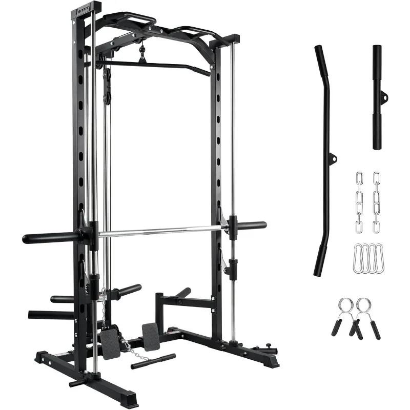 

RitFit Smith Machine Power Rack with LAT-Pull Down System, Landmine, Barbell Bar,Plate Storage Pegs and More Training Attachment