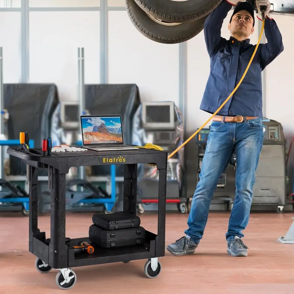 Sturdy 2-Tier Plastic Utility Cart, 37x18.8 Flat Top, 550 lbs Capacity, Swivel Wheels for Warehouse & Garage Use