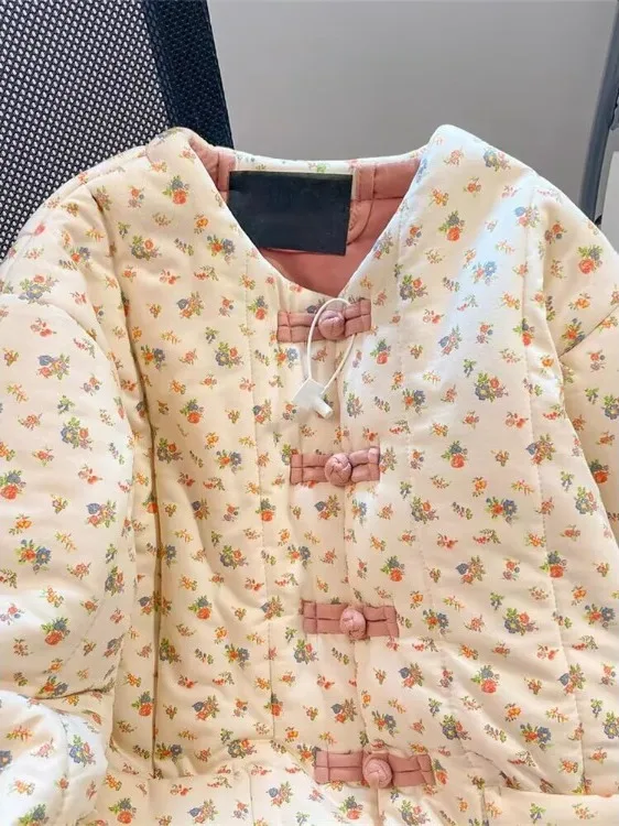 Thiened Cotton Jaet da donna New Chinese Sle Button up Stampa floreale Cappotto caldo Lungo colletto alla coreana Design tradizionale