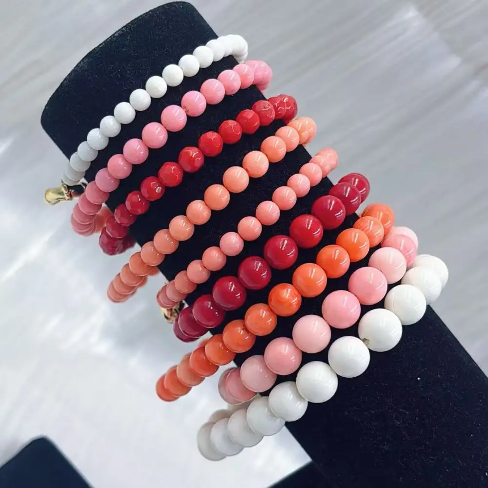 Red White Orange Vintage Elegant Jewelry Genuine Natural Sea Bamboo Coral Round Beads Spring Ring Bracelet