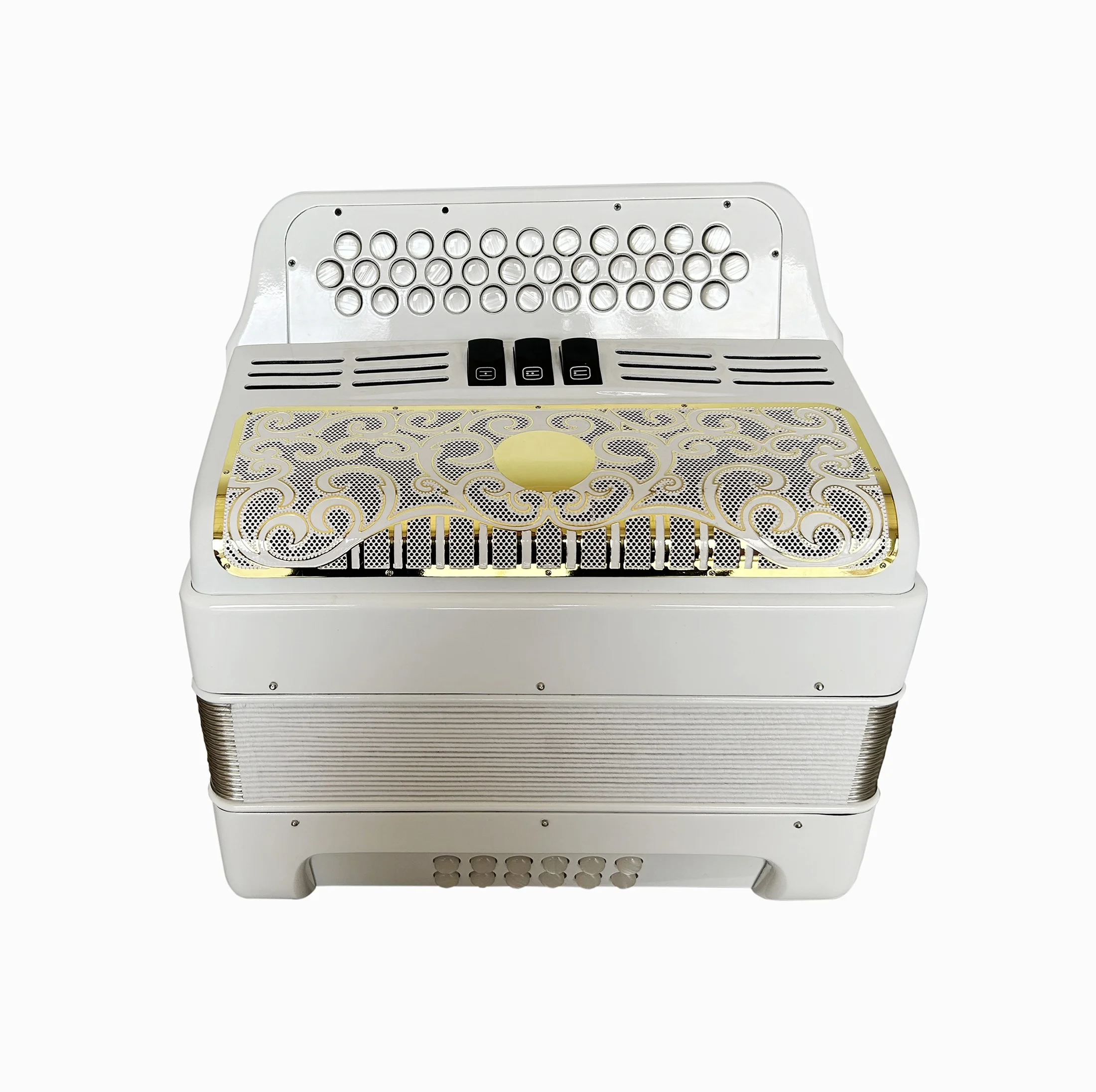 

Diatonic Accordion 34-Button 12-Bass 3-Registers Bright White Body with Gold Grill White Buttons JB3412C Made of Wood
