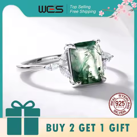 WES 925 Sterling Silver Natural Moss Agate rings Engagement Boho Forest Style Ring Unique Jewelry Gift for Women Wholesale