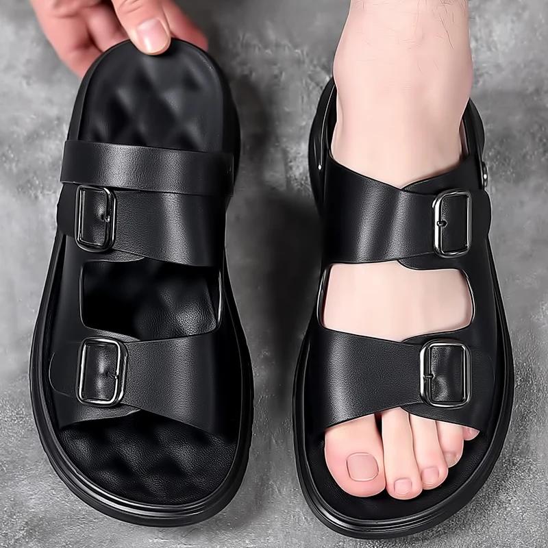 Summer Business Sandals Double Breasted Slippers Men\'s Leather Sandals Thick-soled Beach Shoes Non-slip Open-toe Leather Sandals