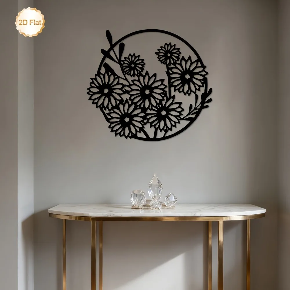 1pc 2D Flat Metal Iron Wall Art, Black Flower Wreath Decor, Rustproof Indoor Outdoor Sculpture for Living Room