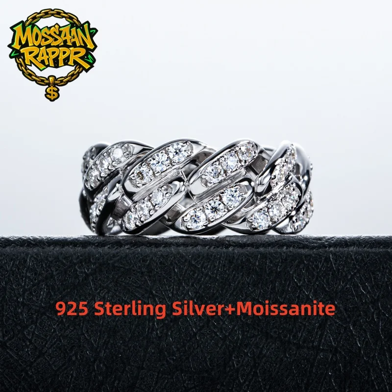 MossanRappr 1.2/1.5/2.0mm Moissanite Iced Out Cuban Rings for Men Women 925 Sterling Silver Luxury Rock Hip Hop Jewelry Gifts