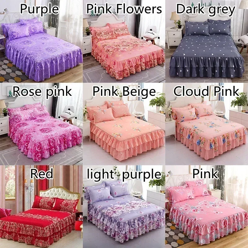 Lace Trim Trilateral Heightening Bed Skirt Pillowcase Three-piece Set Anti-slip Mattress Cover Soft Comfortable Cotton Double