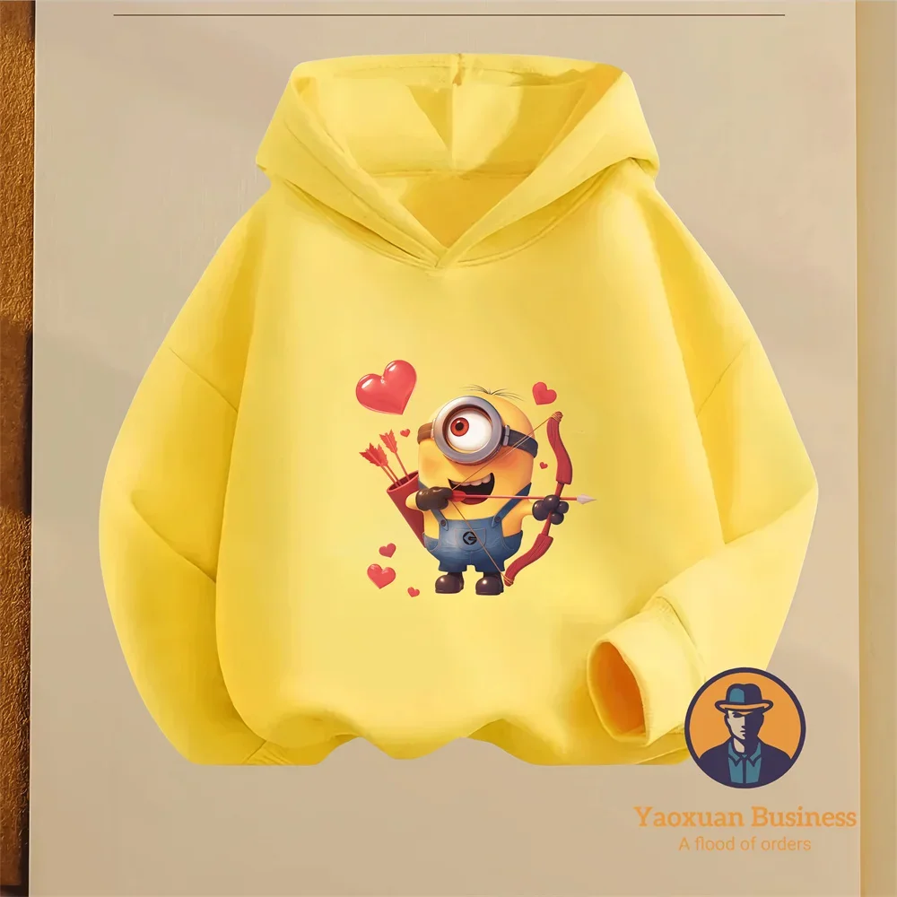 

2026 Light Warm Autumn Winter Boys Girls Pure Cotton Hoodie Minions Kawaii Cartoon Daily Kidswear