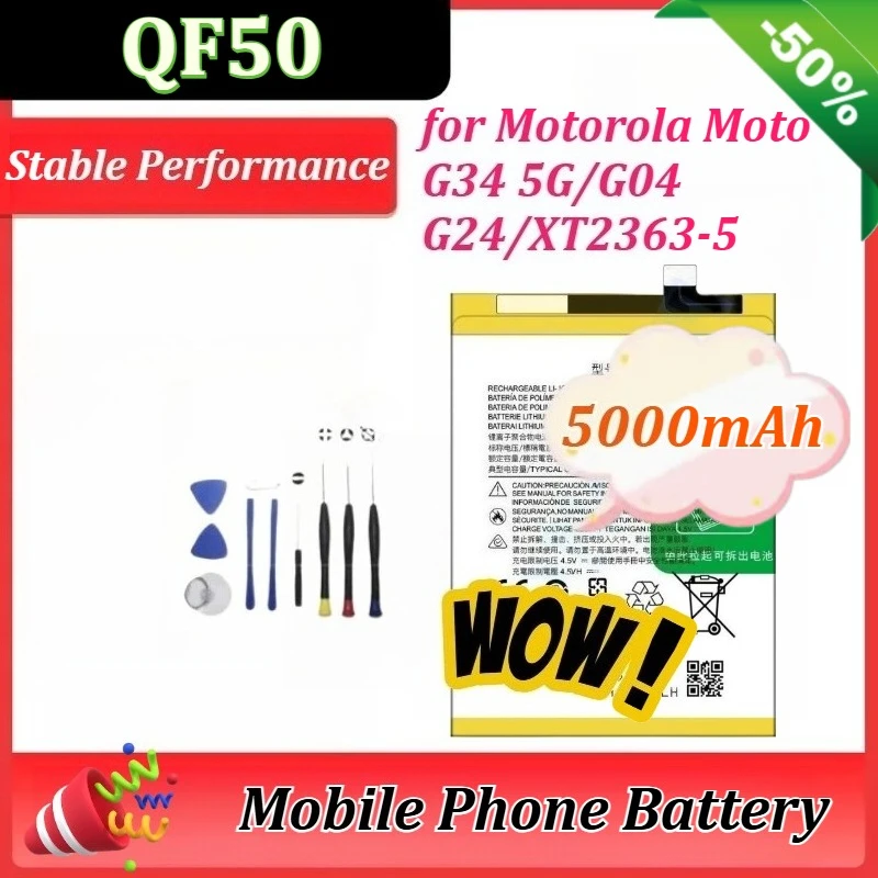

New QF50 Battery for Motorola Moto G34 5G/G04/G24/XT2363-5 Mobile Phone Batteries 5000mAh+Tools