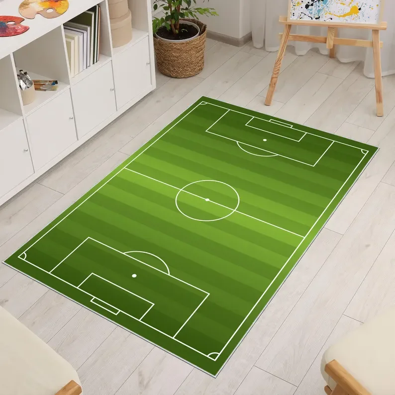 Soccer Field Rug with Team Logo Personalized Football Pitch Carpet Boys Room Man Cave Sports Fan Gift Retro Home Decoration
