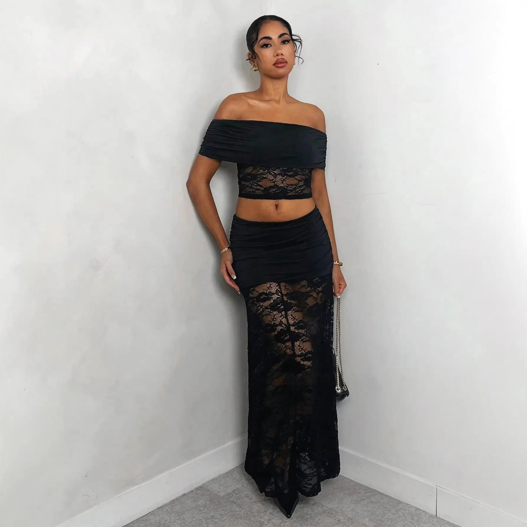 

2026 New Arrival Women Sexy Sheer Lace Pleated Slim Bodycon Skirt