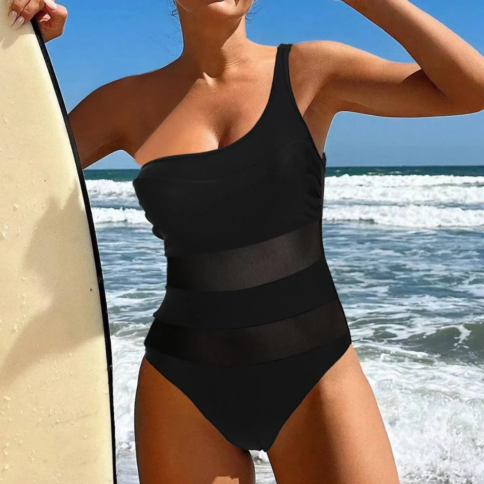 Sexy Slanted Shoulder 1 Piece Swimsuit Ladies Sexy Tight Mesh Panelled Slimming Waist Beachwear Swimsuit trajes de baño mujer