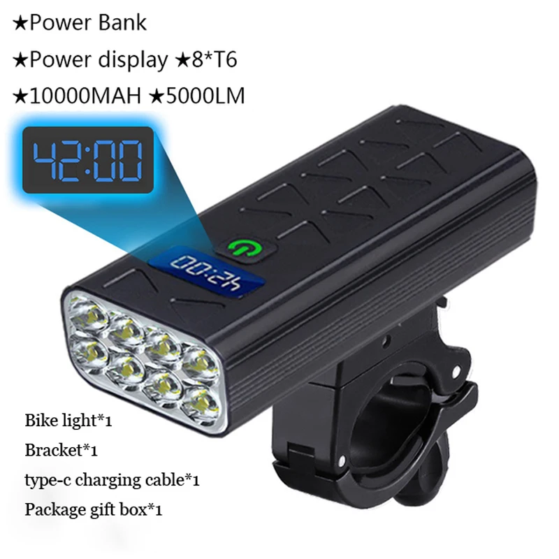 自転車用USB付き充電式LEDライト,フロントライト,パワーバンク,自転車アクセサリー,8 * t6,10000mAh