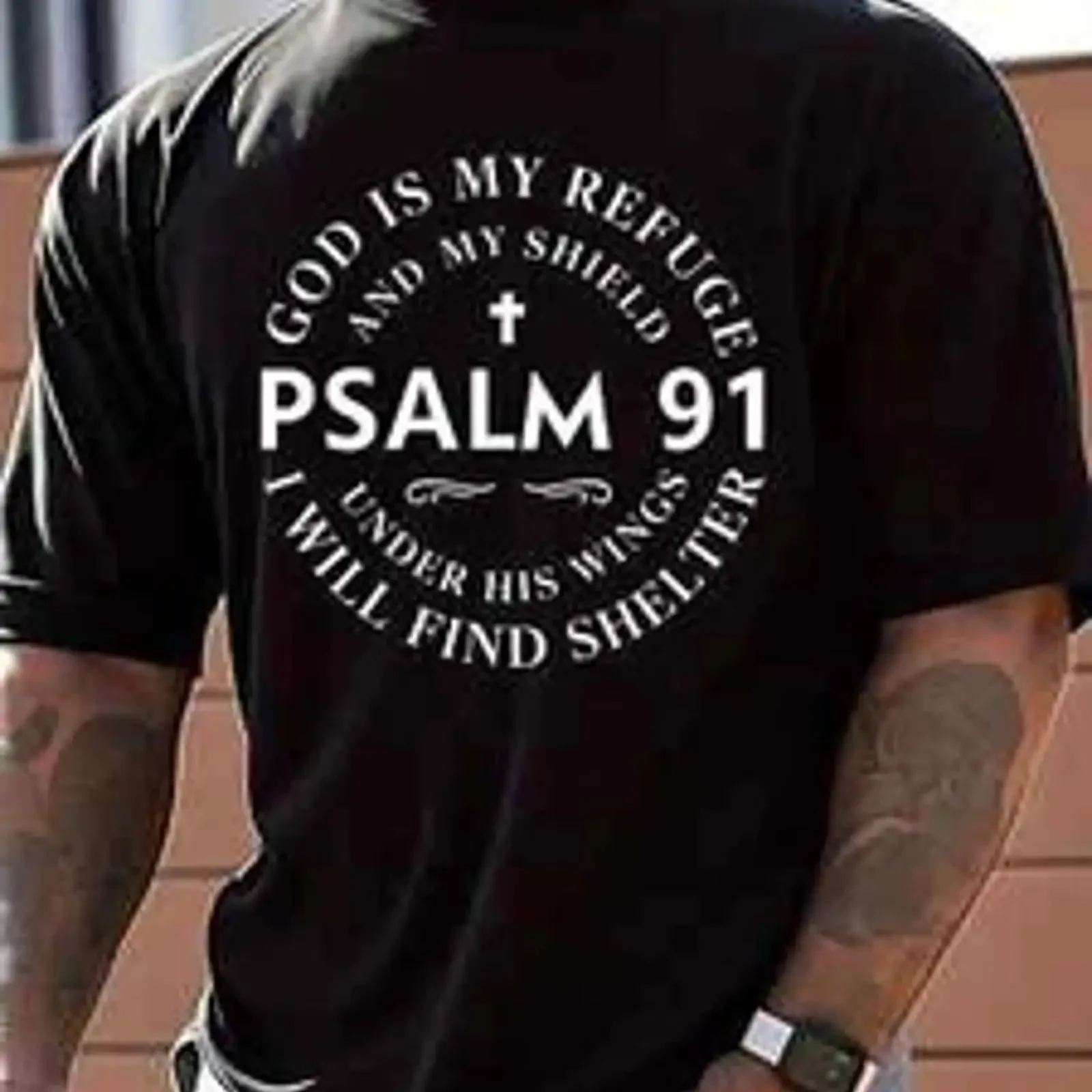 Men's Psalm 91 Inspirational T Shirt God is My Refuge Shield Christian Graph vintage Washed Breathable Casual fashion homme