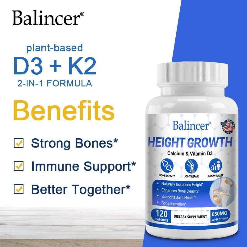 Height growth supplement contains calcium and vitamin D3 to help increase height, bone density, and joint health support