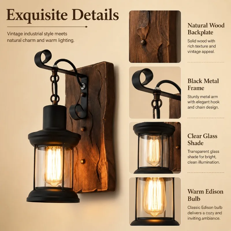 Vintage Industrial Wall Lamp Rustic Wood Backplate Glass Shade Sconce for Bar Cafe Hallway Bedroom Living Room Wall Lamp