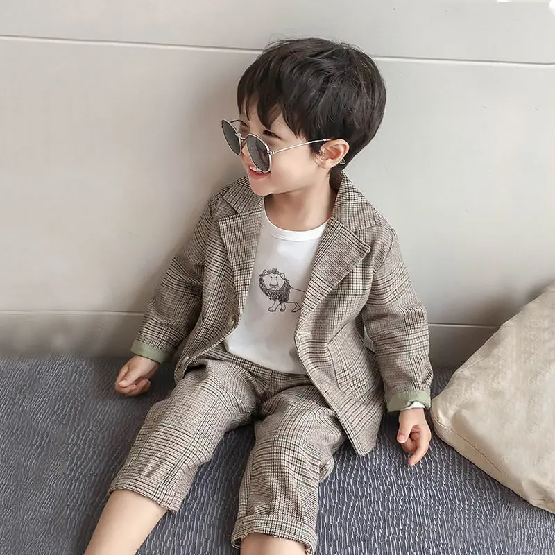 Plaid Formal wear Thin Outerwear Spring Autumn children\'s clothing Suit Kids Clothes Boys V-Neck Tops + pants 2 piece set