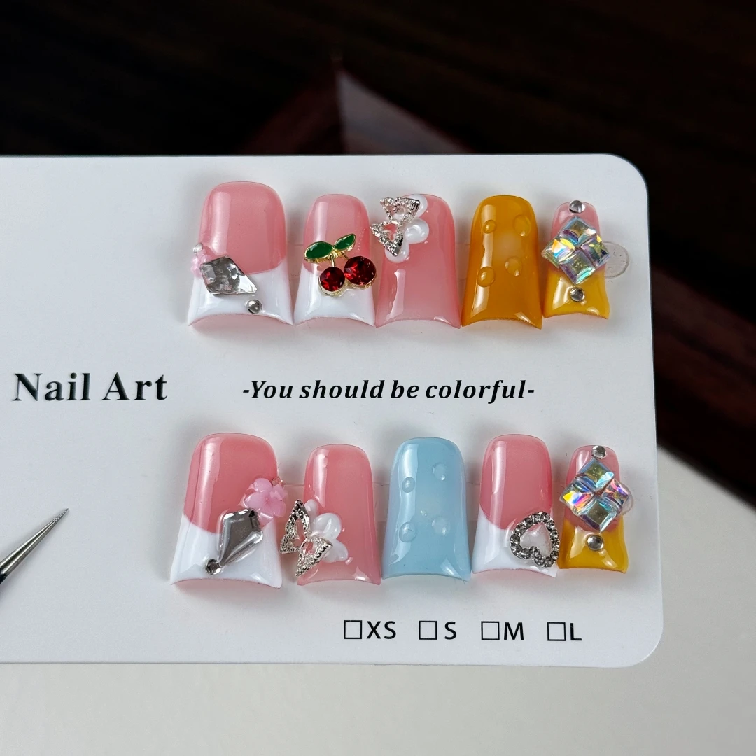 10pcs High-end Cute cartoon style, hand-drawn three-dimensional butterfly, hearts, flashing square diamonds handmade fake nails