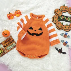 男の子と女の子のためのハロウィーンのカボチャニットのボディスーツ、新生児のonesie、長袖ジャンプスーツ、Oネック、幼児幼児、冬の衣装、0-18m