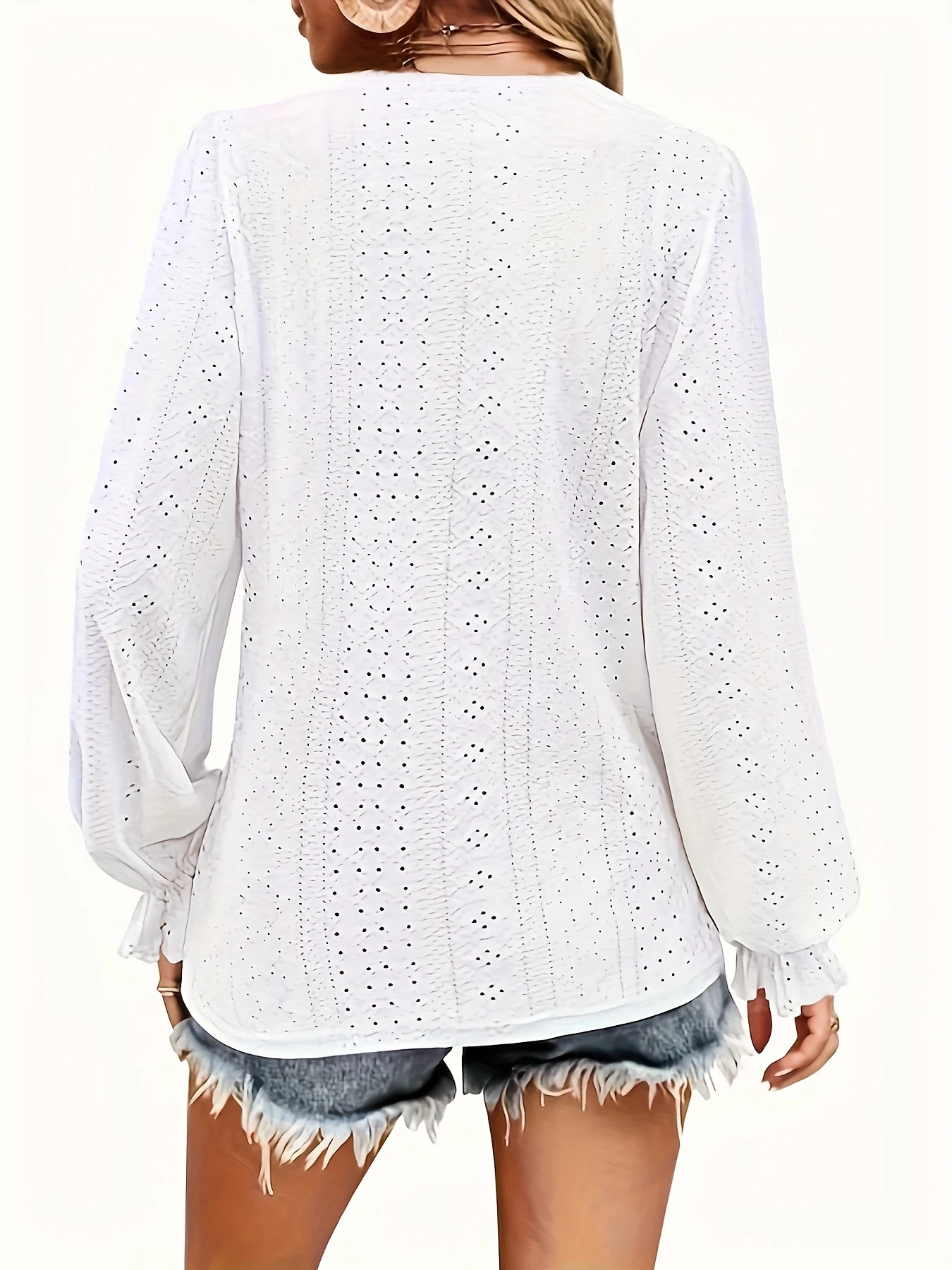Plus Size T-Shirt mit Ösenknopf-Dekor, lässiges V-Ausschnitt-Langarm-Top für Frühling und Herbst, Damen-Kleidung in Übergröße – Detail 12