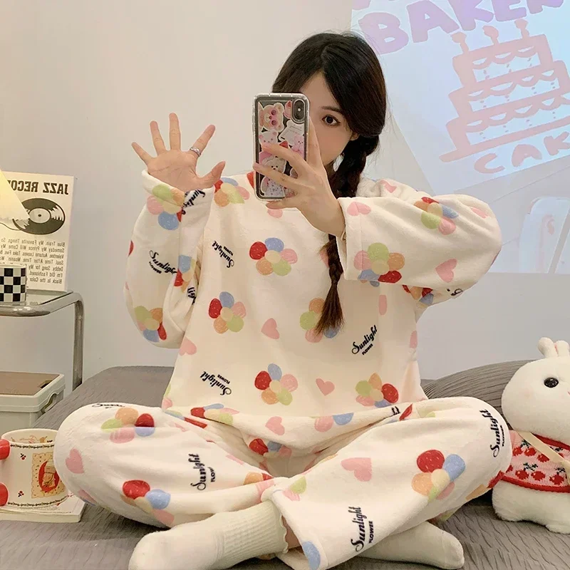 Korean Cute Cartoon Pajama Set Women Pajamas Autumn Winter Flannel Warm Woman Sleepwear Fashion Pijama Mujer Home Cloth Pyjamas