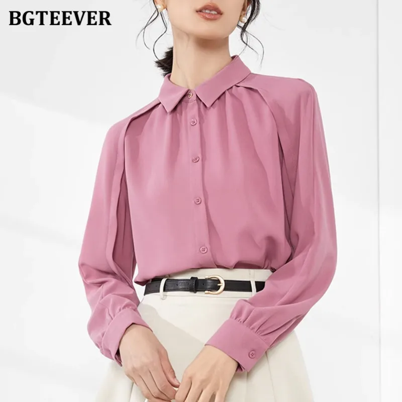 

BGTEEVER Stylish Turn-down Collar Loose Female Single-breasted Chiffon Blouse Spring Elegant Long Sleeve Women Solid Shirts Tops