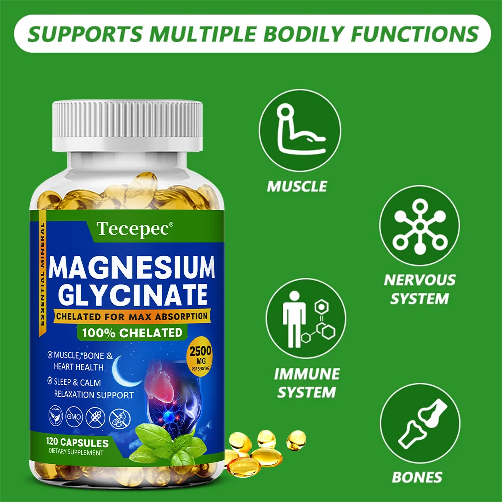 Magnesium Glycinate Capsules 2500mg - Dietary Supplement for Muscle, Nerve, Bone and Heart Support - Gluten Free, Non-GMO