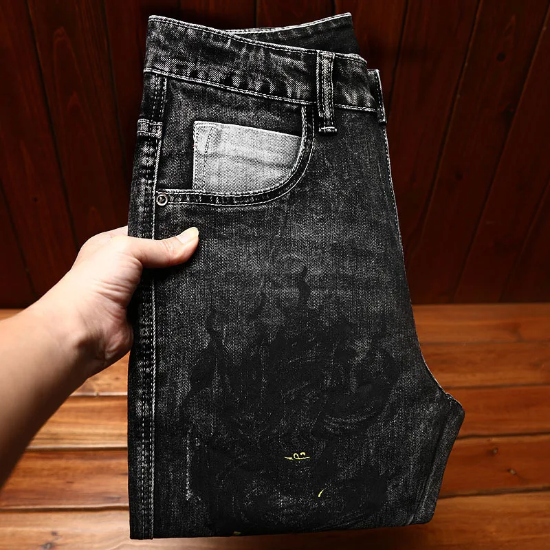 Pantalones vaqueros negros con estampado bordado personalizado para hombre, pantalones ajustados con tapado, elásticos, informales, otoño e invierno, 2024