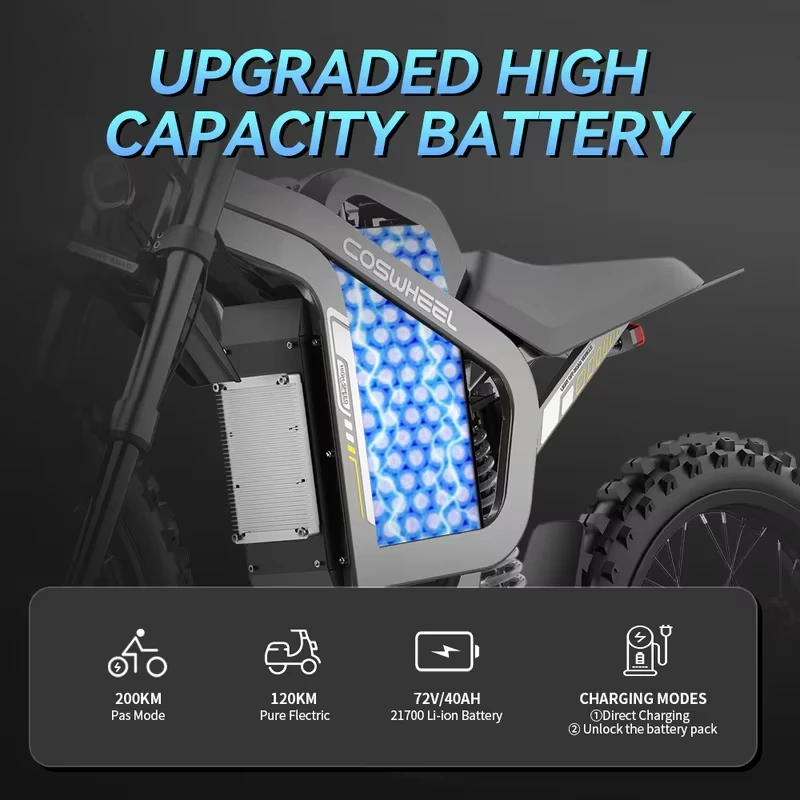 Readygo COSWHEEL R19 Electric Dirt Bike 9000W High Power 72V40Ah Battery Adult Max96km/h Mountain Ebike for Off-Road Use Lithium image 5