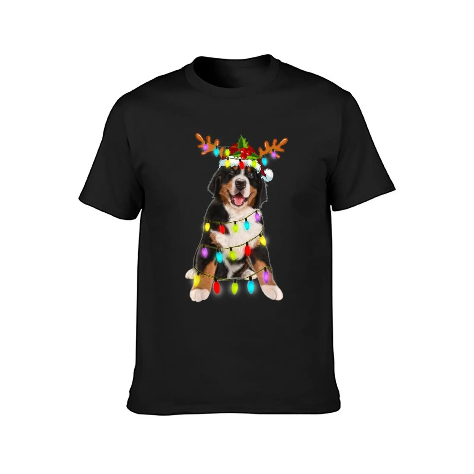 Bernese Mountain Reindeer Christmas Lights Dog Xmas T-shirt vintage clothes customizeds mens cotton t shirts