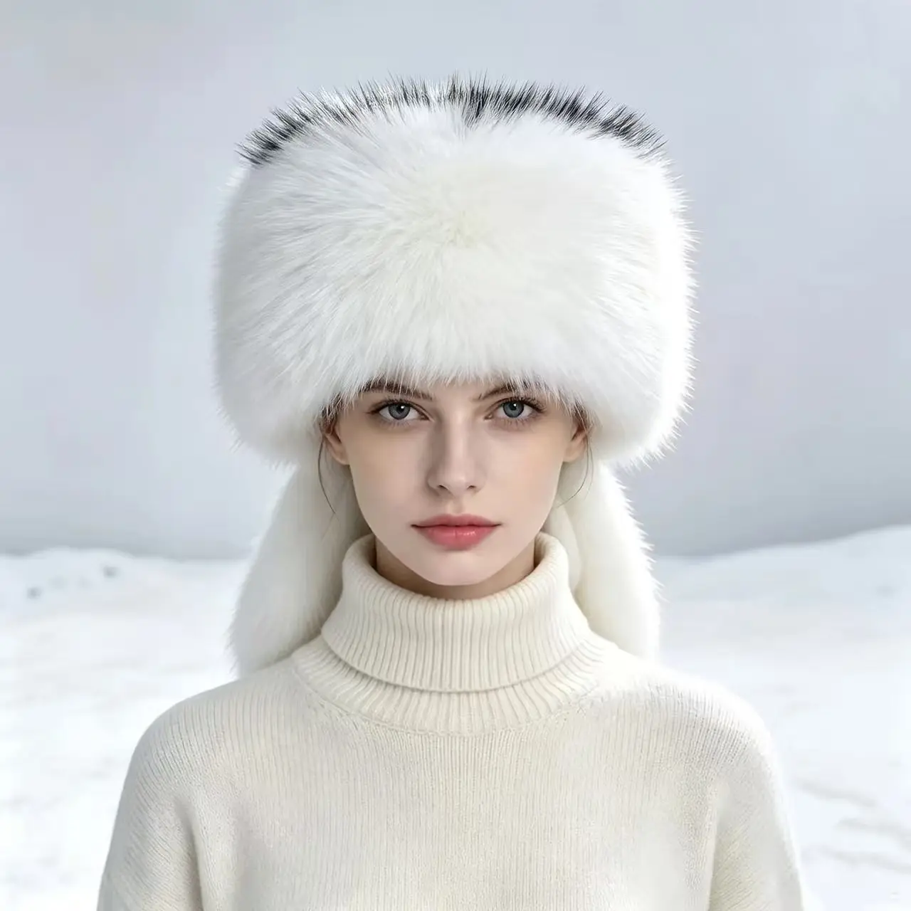 Light Luxury Style Women's Autumn and Winter Cold-Proof Bucket Hat, Made of Full and Fluffy Plush Fabric, with Black and White Line Decoration on the Hat Body, and Three Short Tails at the Back. Soft and Skin-Friendly