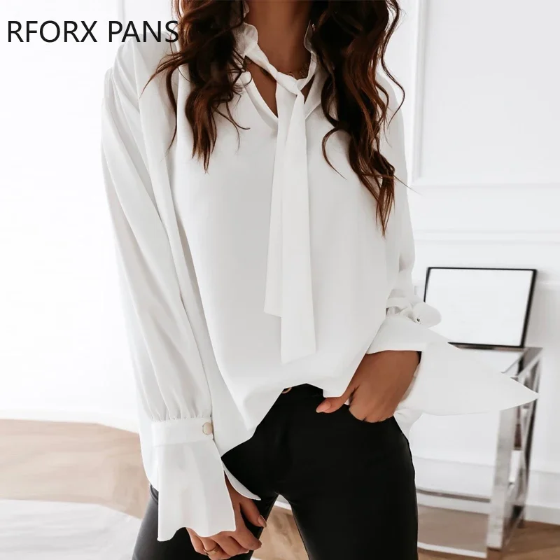 

Solid Tied Neck Long Sleeve Shirt Womens Tops and Blouses